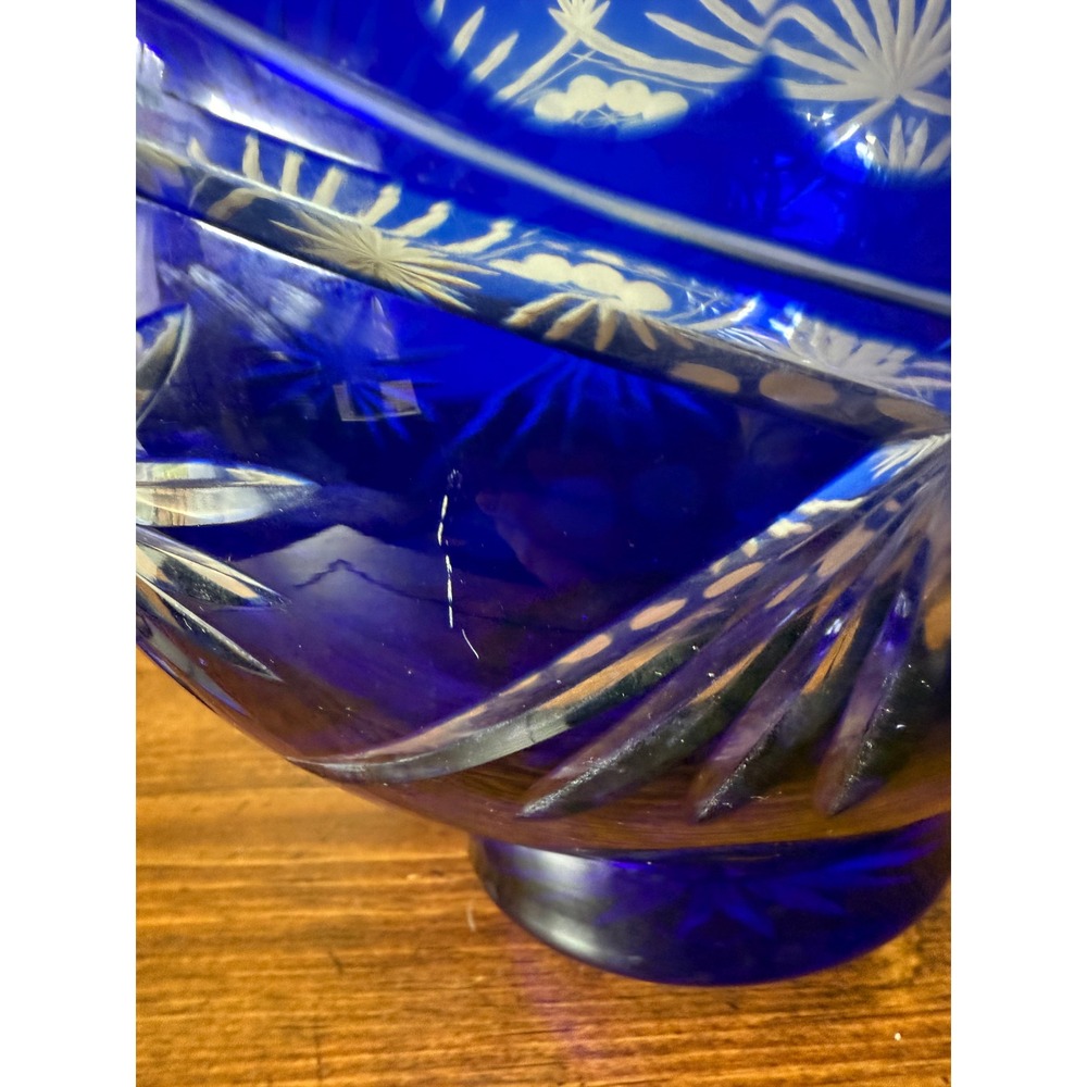 Cobalt Blue Cut to Clear Glass Rose Bowl Vase Star Fan Round Orb Bohemian 6.5" - Picture 8 of 11